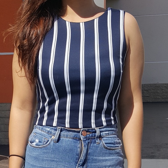 Forever 21 Tops - Forever 21 Stripes High Neck Crop Top Blue White